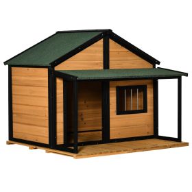 Outdoor Dog House Cabin Style, Wooden Raised Pet Kennel with Asphalt Roof, Front Door, Side Window, Porch for Medium and Large Dogs, Gray