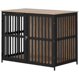 39" Dog Crate Furniture w/ Anti-Chew Resistant Mesh, Anti-Escape Single Door, for Large Dogs, Walnut Brown