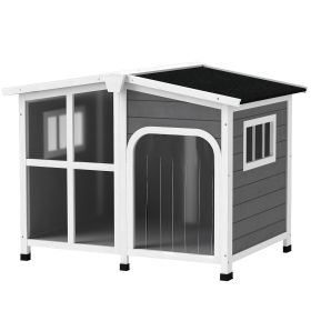 Cabin-Style Wooden Dog House for Large Dogs with Openable Roof & Giant Window, Dark Gray