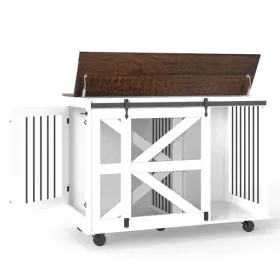 47.2" Mobile Dog Crate With Flip-Top Feeding Door, Dual-Access & 5 Caster System (2 Locking), Side Hooks - Multi-Functional Kennel