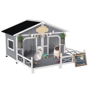 Dog House Outdoor, Wooden Dog Kennel Weatherproof with Porch, Openable Roof, Removable Bottom, Elevated Floor, Double Room for 2 Small to Medium Bree