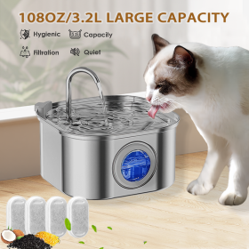 Cat Water Fountain Stainless Steel,108oz 3.2L Cat Fountain For Drinking - Pet Water Fountain Inside - Automatic Dog Watering Dispenser Bowl - Pet (Option: 1)
