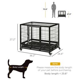 PawHut Heavy Duty Dog Crate With Removable Tray, Lockable Wheels And Double Door, For Medium And Large Dogs, Black (Option: Black)